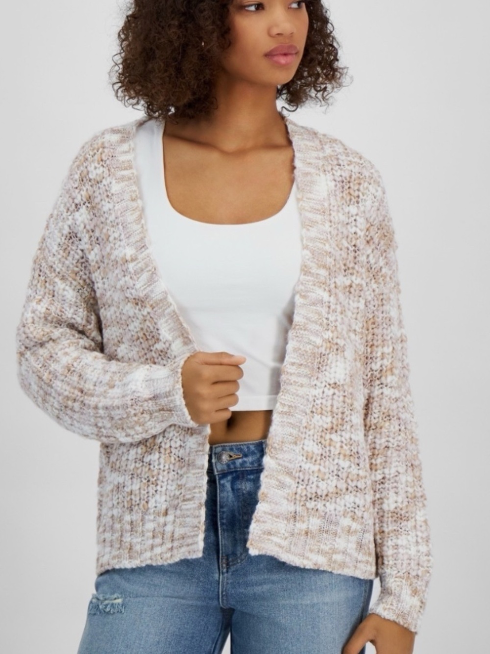 Hippie Rose Juniors' Open-Front Beige Long-Sleeve Oversize Cardigan SIZE L NWT - Picture 2 of 3
